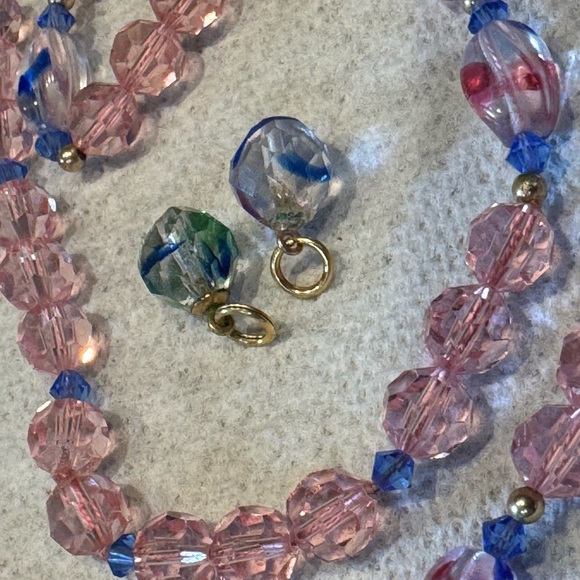 Pink & blue Swarovski crystal necklace + earring charms w/ 14k gold beads - Picture 7 of 9